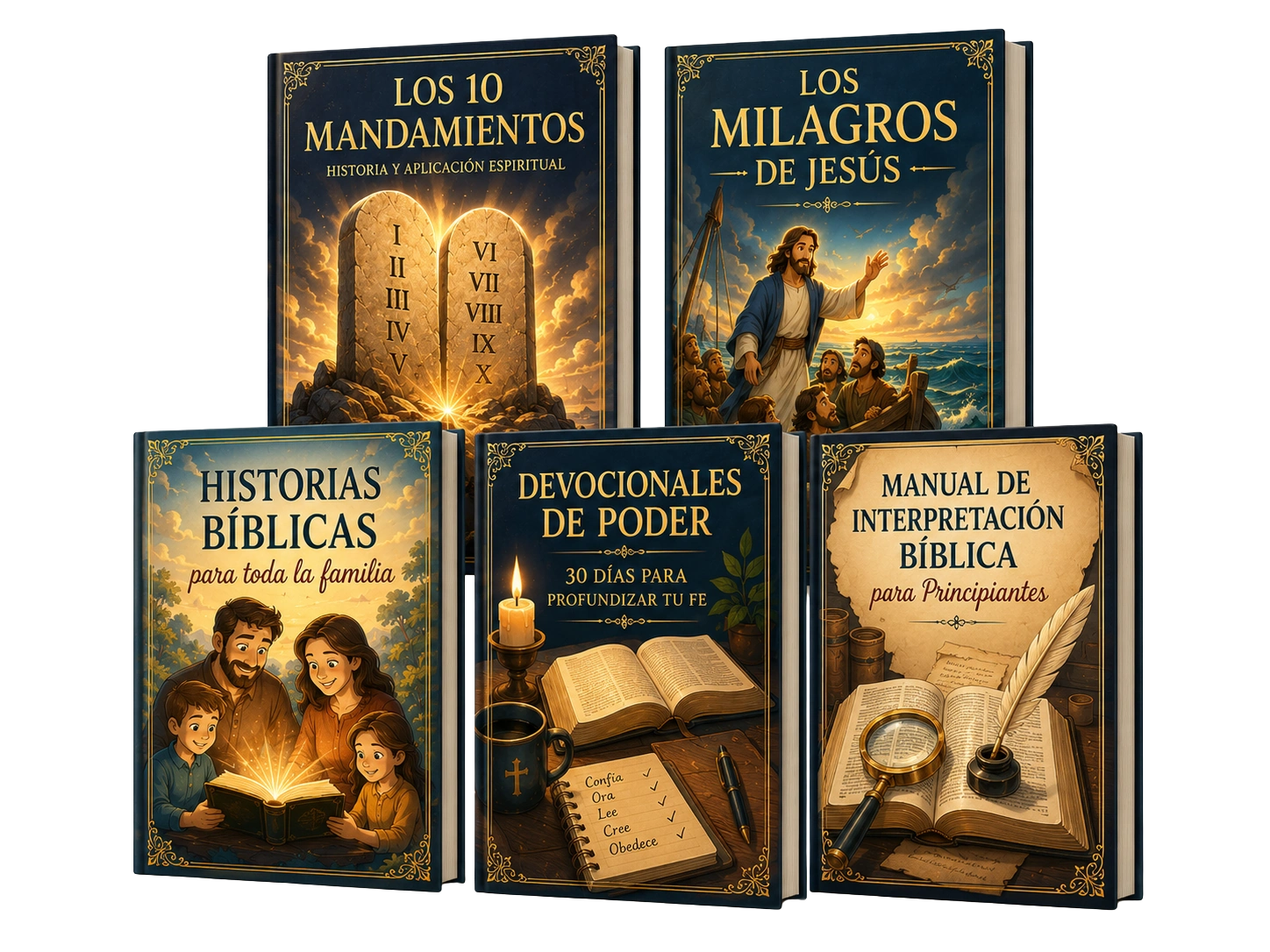 Combo con los 5 bonos correctos incluidos: Los 10 Mandamientos, Los Milagros de Jesús, Historias Bíblicas para toda la familia, Devocionales de Poder y Manual de Interpretación Bíblica
